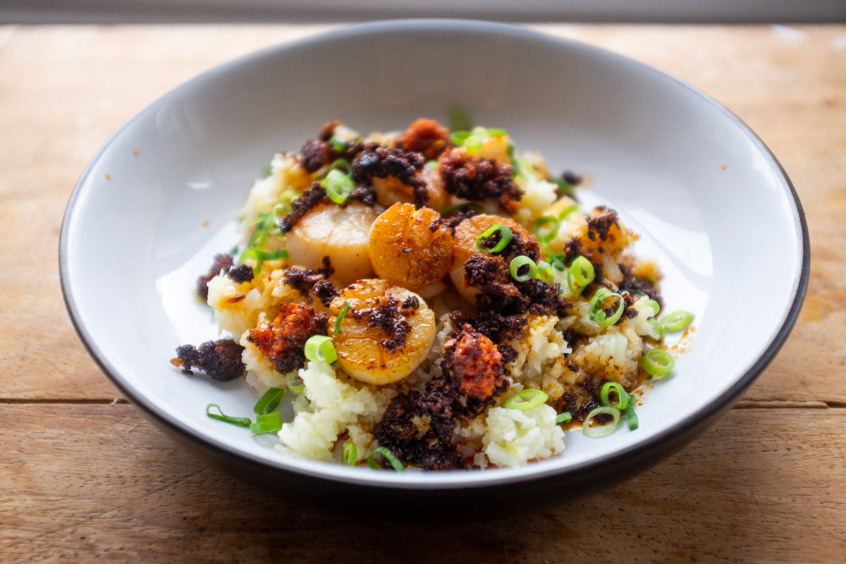 'Nduja Scallops with mashed cauliflower Urchin Fish Box