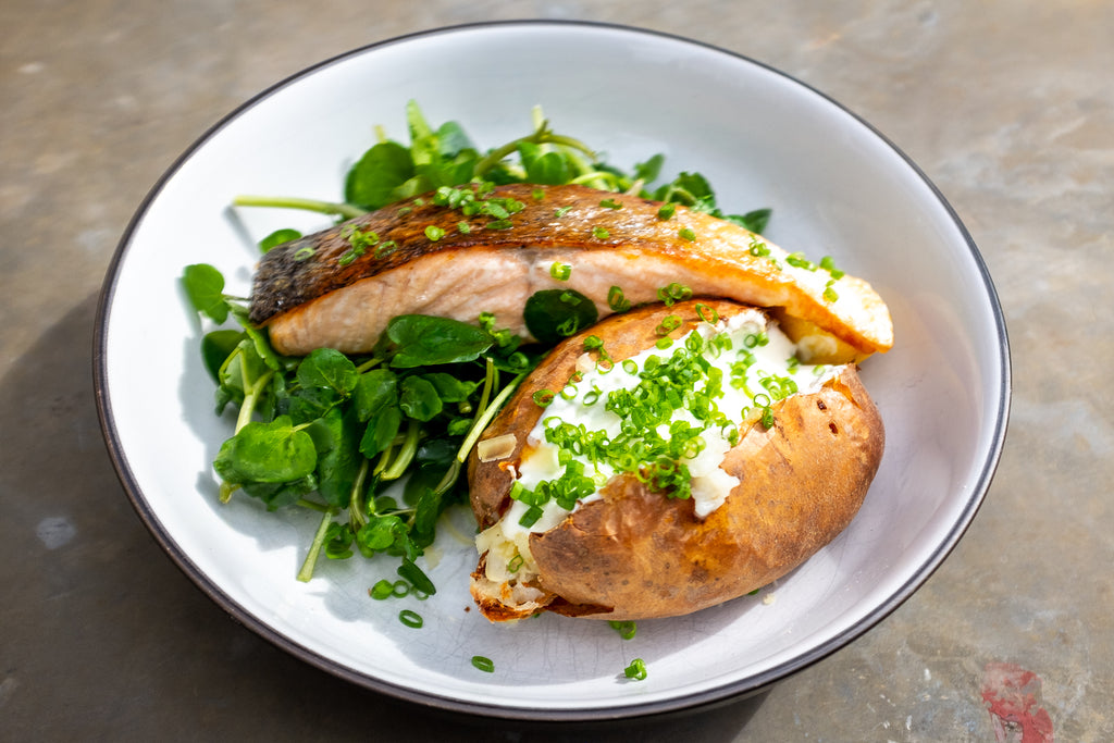 Salmon with a Sour Cream and Chive Baked Potato