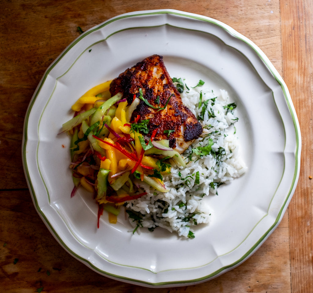 Blackened Cod Loin with Mango Salsa and Coconut Rice