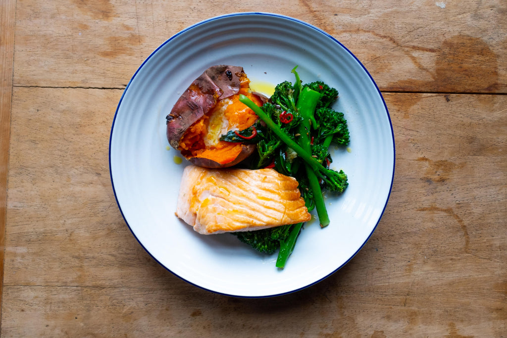 Pan-fried salmon, sweet potato and broccoli with chilli, garlic and fennel
