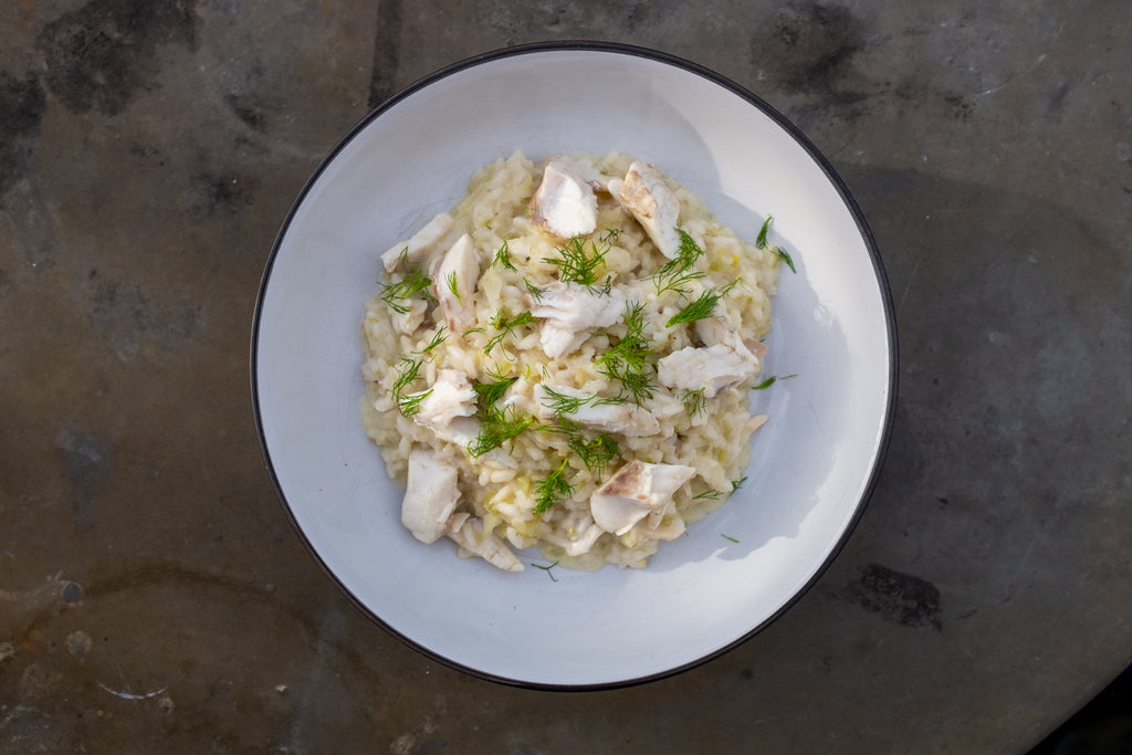 Poached bass and fennel risotto