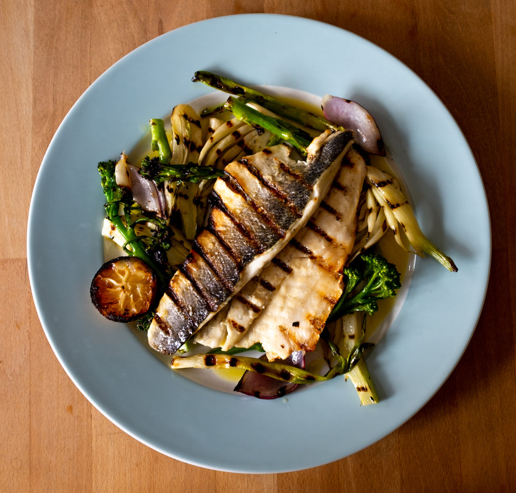 Grilled Bass with spring veg and a lemon and mustard dressing
